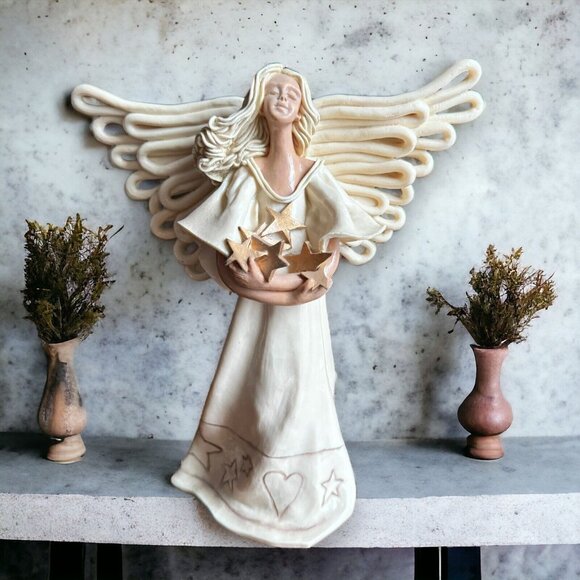 Angel Figurine 8" Tall Porcelain Pottery with Stars on Hands - Heavenly Decor - Picture 1 of 4